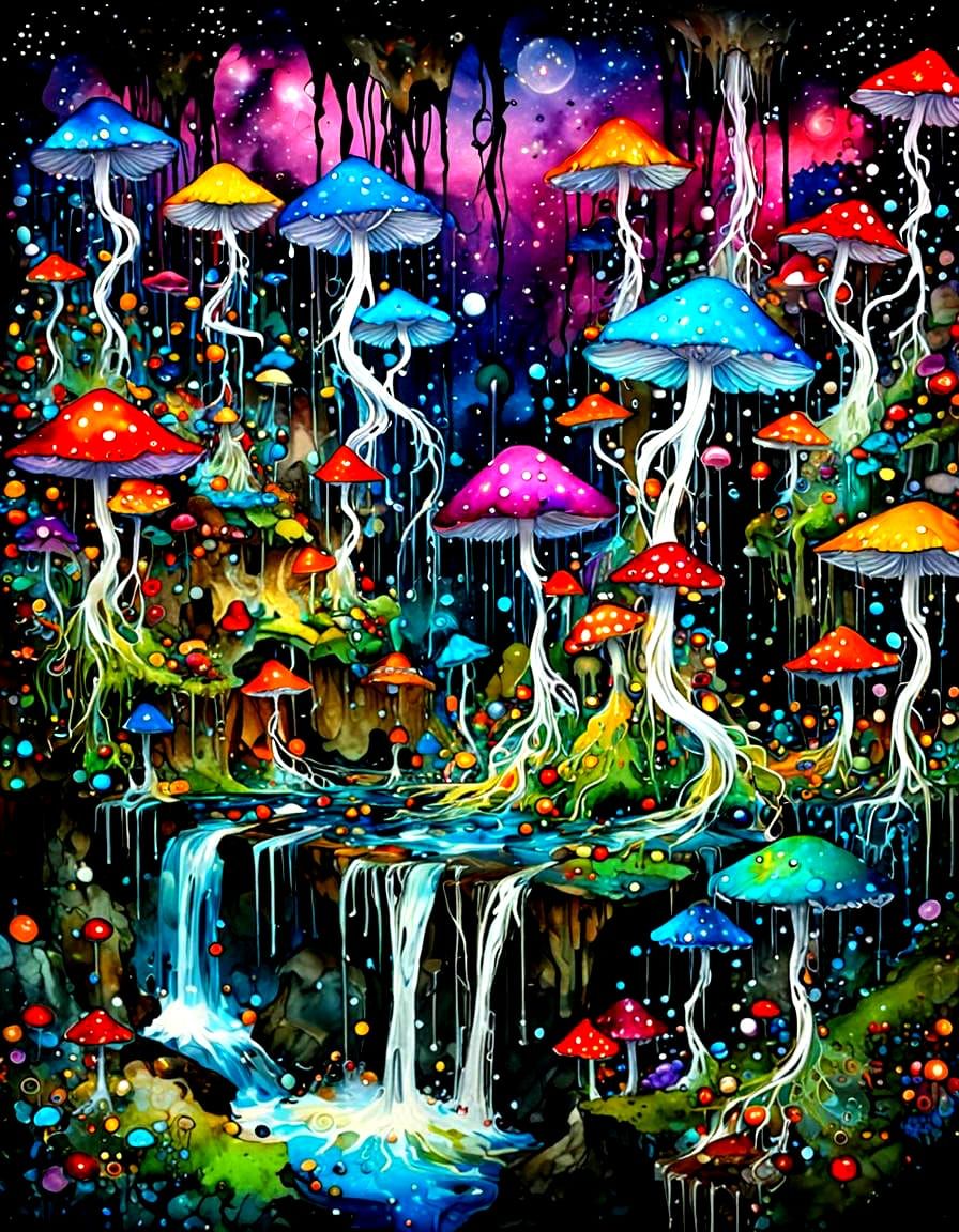 Psychedelic Mushroom Waterfalls in Experimental Art Style