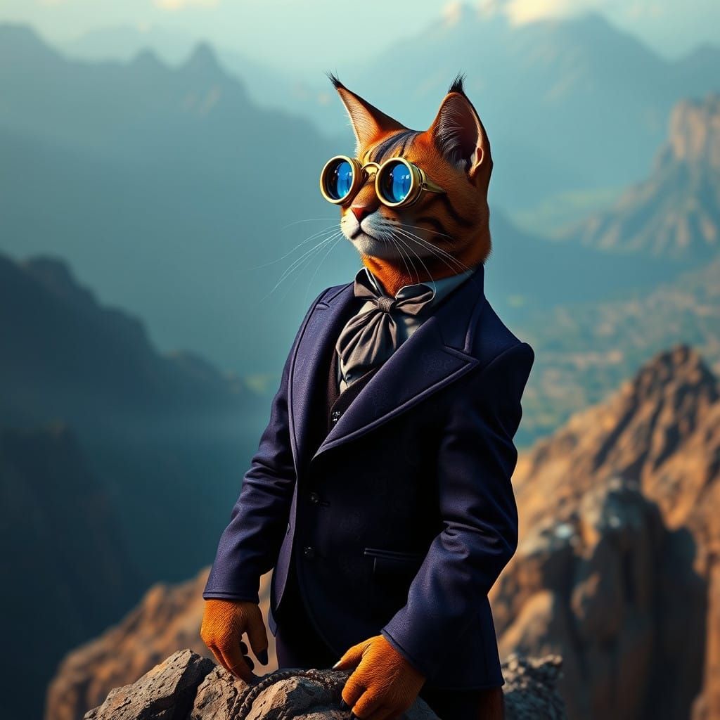 Regal Feline Explorer Overlooks Majestic Mountains with Bras...