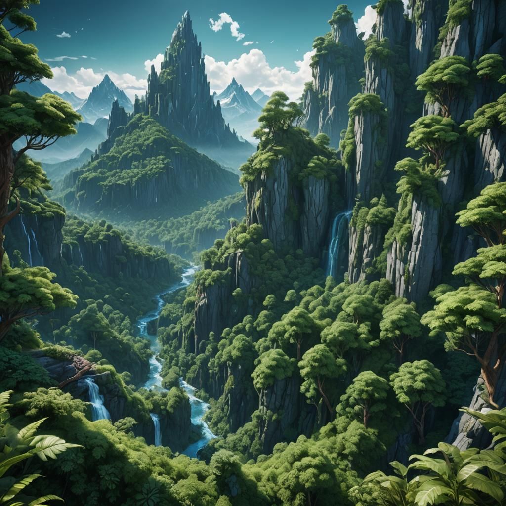 Emerald Forests in Sapphire Mountains: Fantasy Concept Art