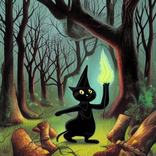 Black Cat Witch Waving Wand in Forest, Comic Art