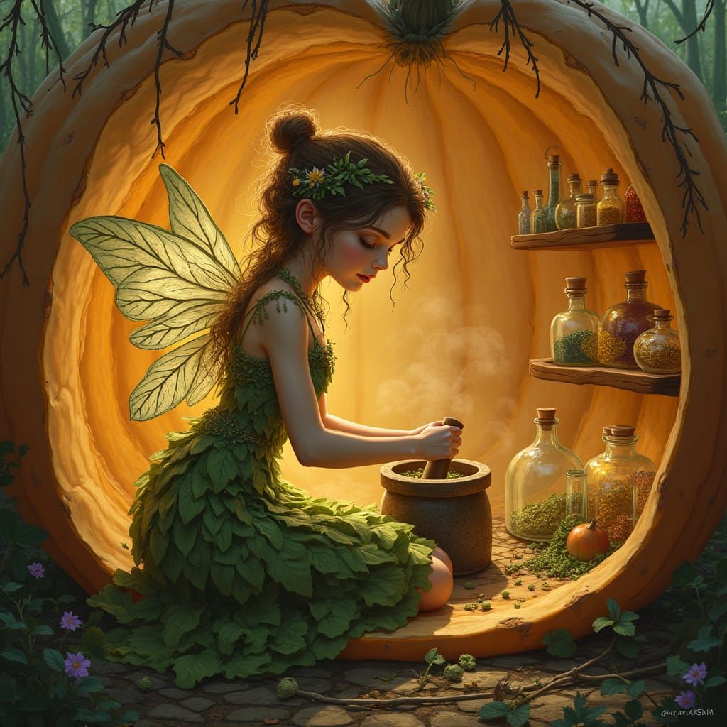 Fairy Apothecary Inside a Pumpkin, Whimsical Illustration