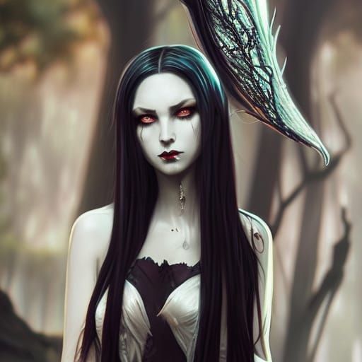 Ethereal Gothic Aries Young lady with Long black hair with Red highlights& Green eyes& Red &black eyeshadow & Black lips...