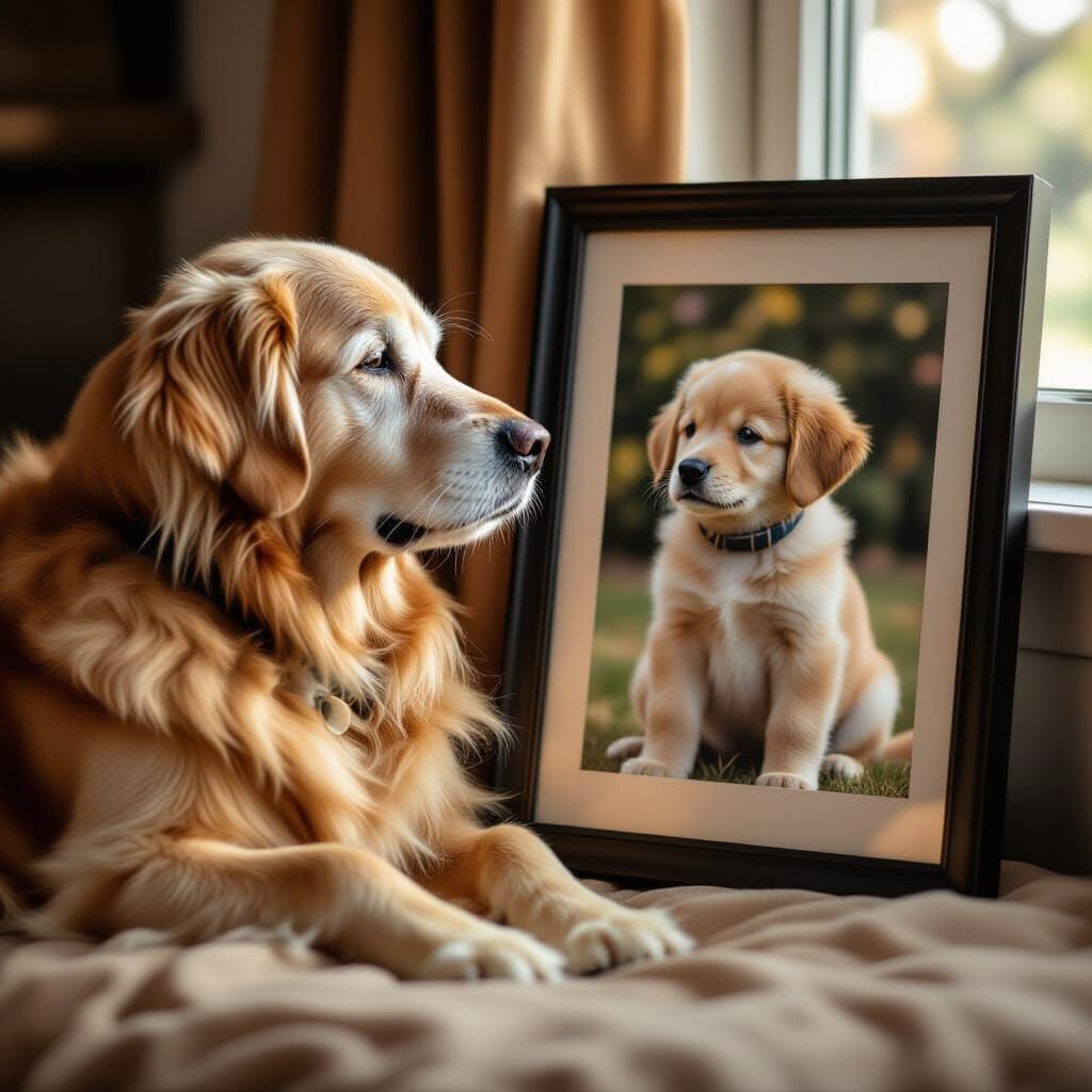 Elderly Golden Retriever Gazes at Puppy Photo