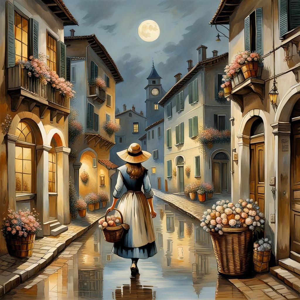 "Night landscape of the seventeenth century (a young girl in...