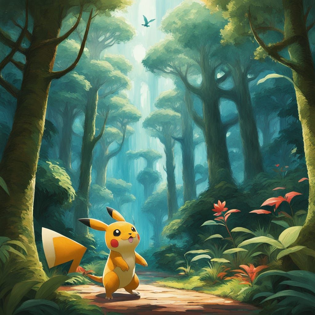 Whimsical Pokémon in a Vibrant Forest Scene