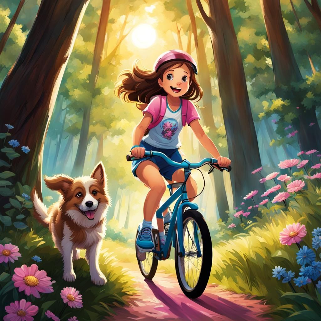 Girl Rides Bike with Dog in Whimsical Forest