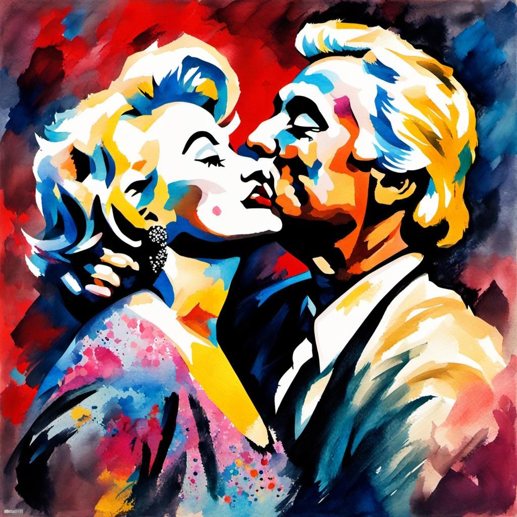 Marilyn Monroe Kiss in Gouache Watercolor Style