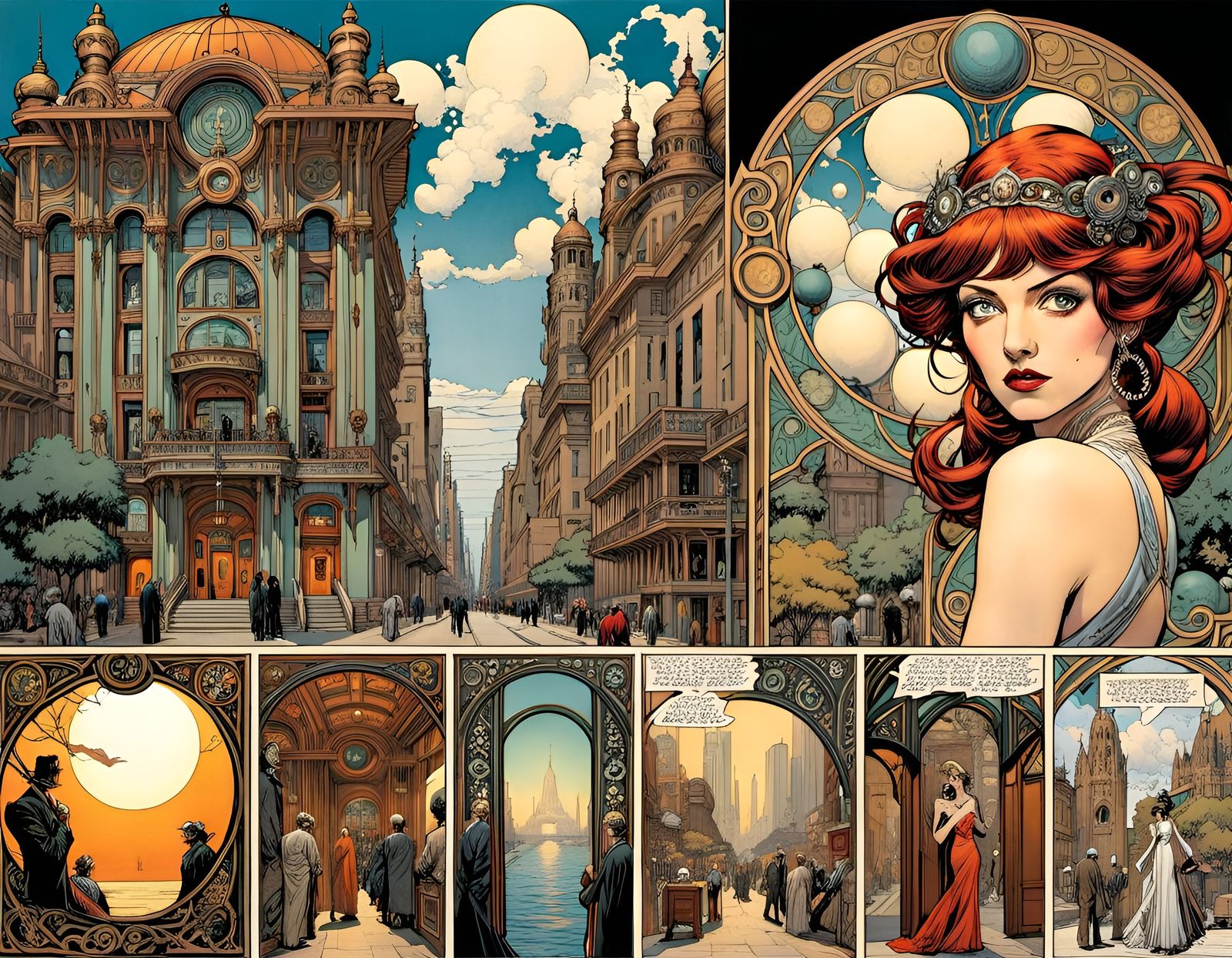 Comic Book Panels in Art Nouveau Style