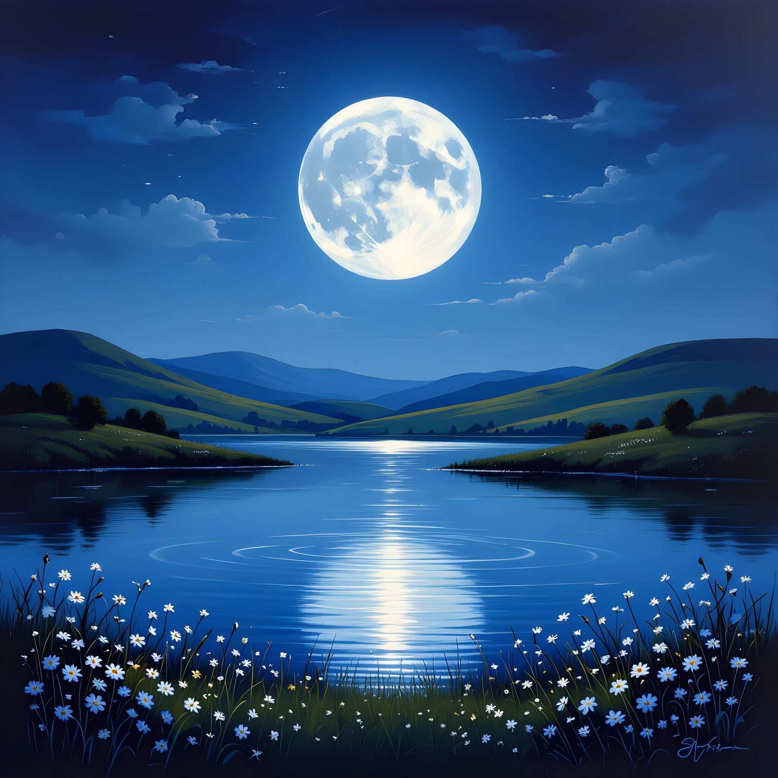Romantic Oil Painting of a Serene Lake Under the Full Moon