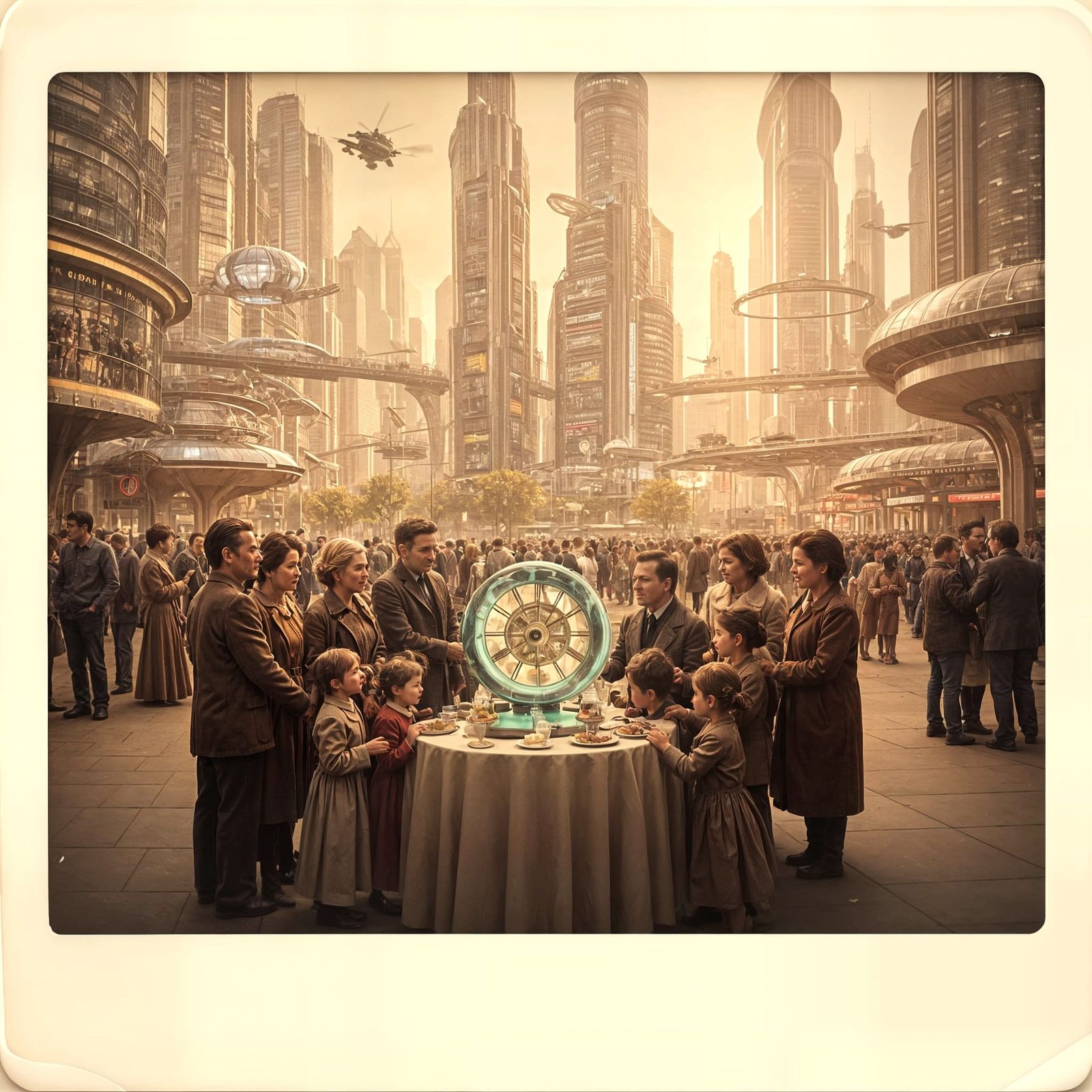 Family Reunion in Futuristic City Square Vintage Polaroid