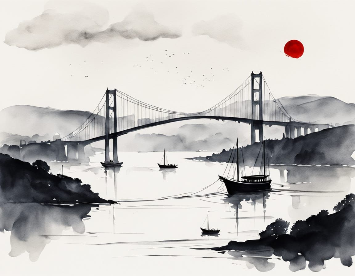 Ethereal Bosphorus Bridge Ink Wash Art in Minimalist Style