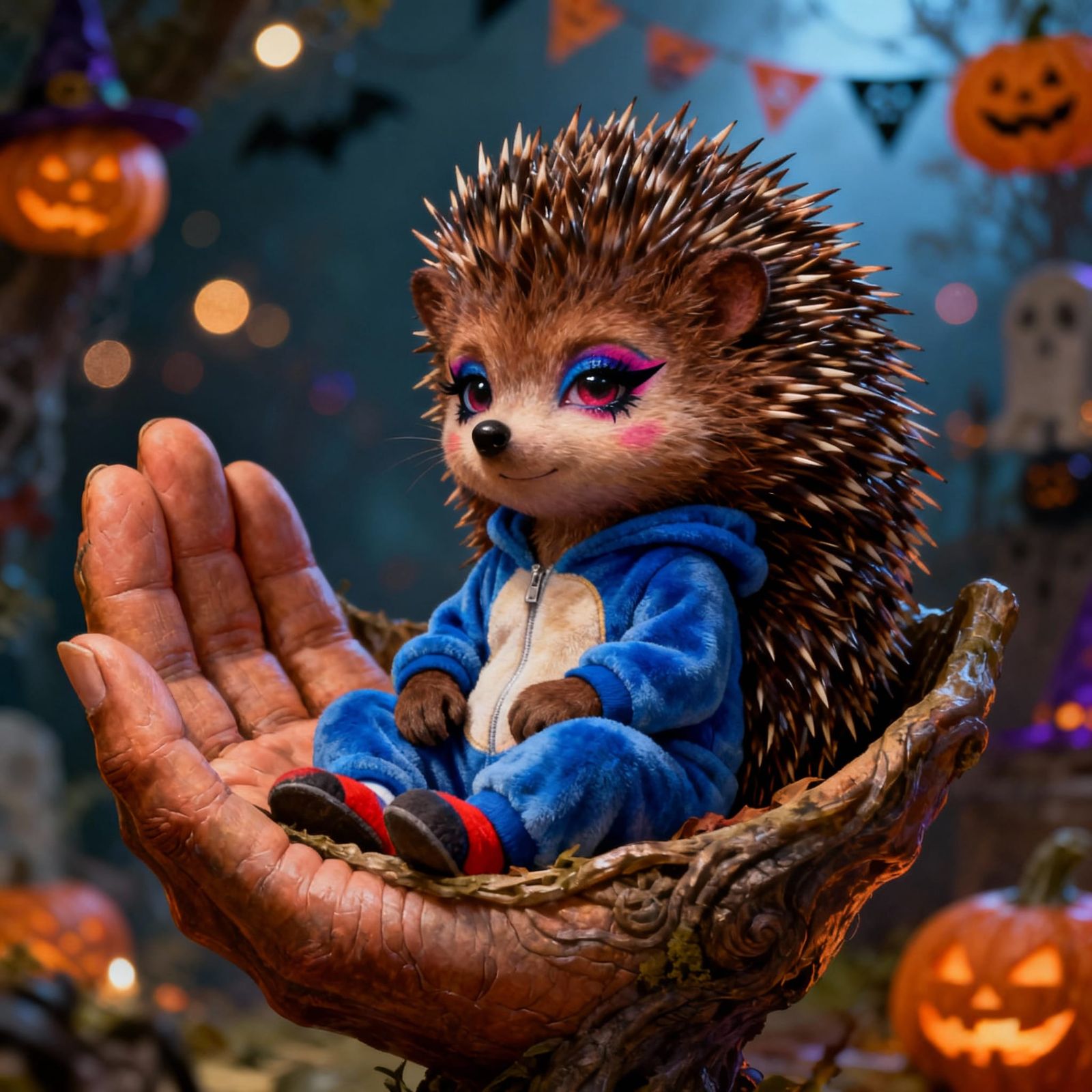 Hedgehog in Sonic Onesie with Halloween Decor