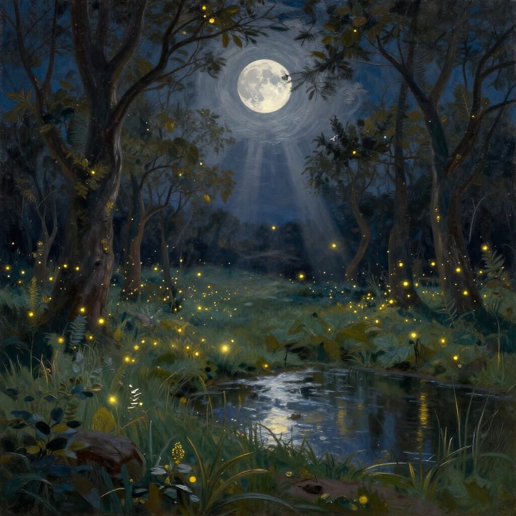 Dreamy Meadow Night Scene Oil Painting with Moonlit Trees