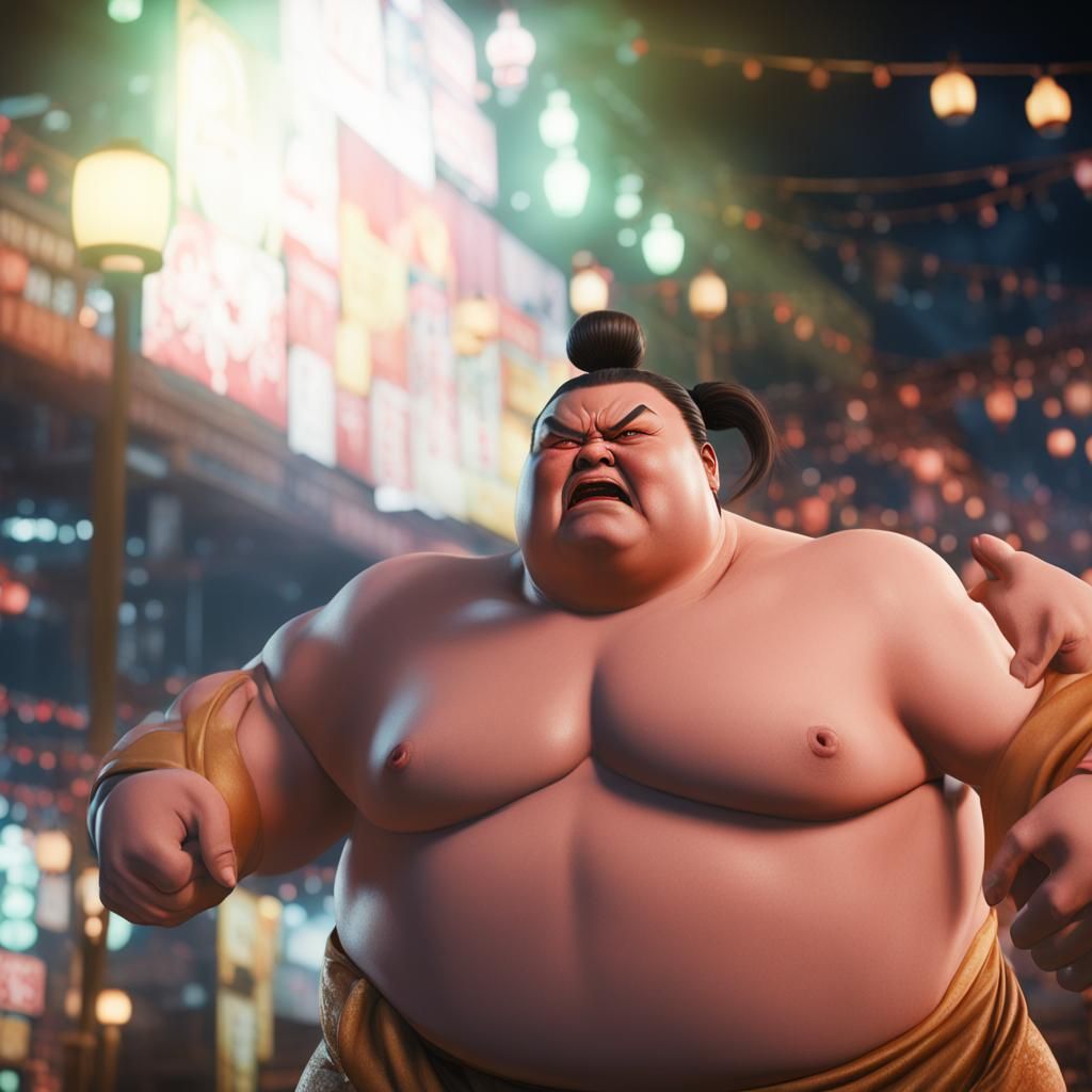 Angry Obese Sumo Wrestler in Hyperrealistic Style