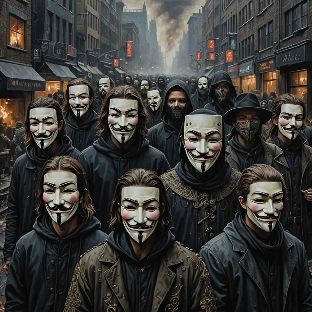 Dystopian Future: Guy Fawkes Masks in Dark Cityscape
