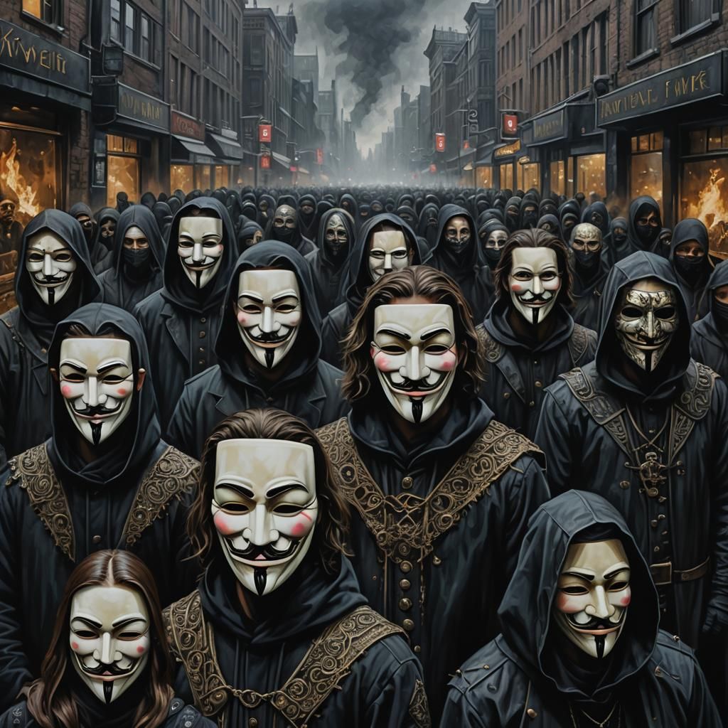 Dystopian Future: People in Guy Fawkes Masks