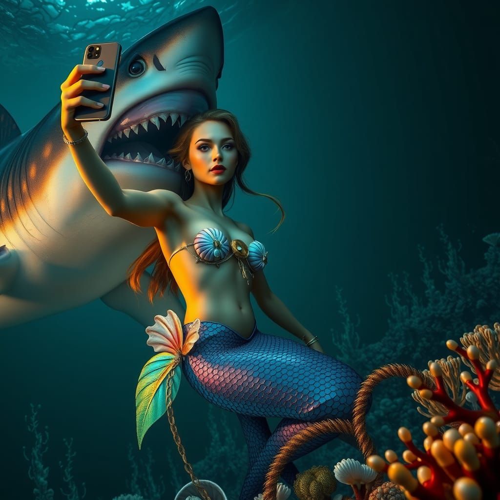 Mermaid Selfie with Shark in Astral Style
