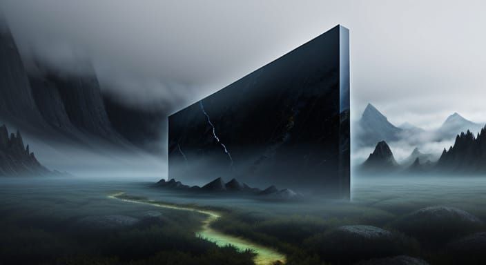 Misty Mountains Obsidian Slab in a Dreamlike Landscape