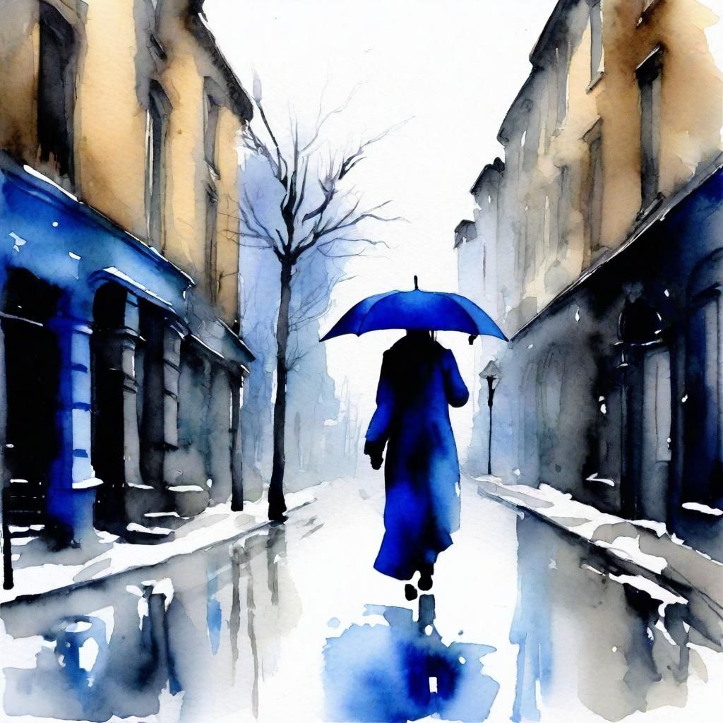 Elegant Woman Walks Alone on a Rainy Winter Street