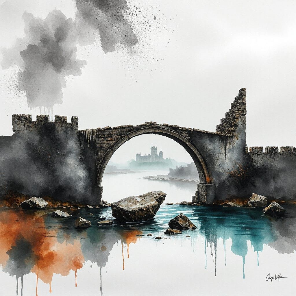 Medieval Ruins Bridge in Ethereal Mist
