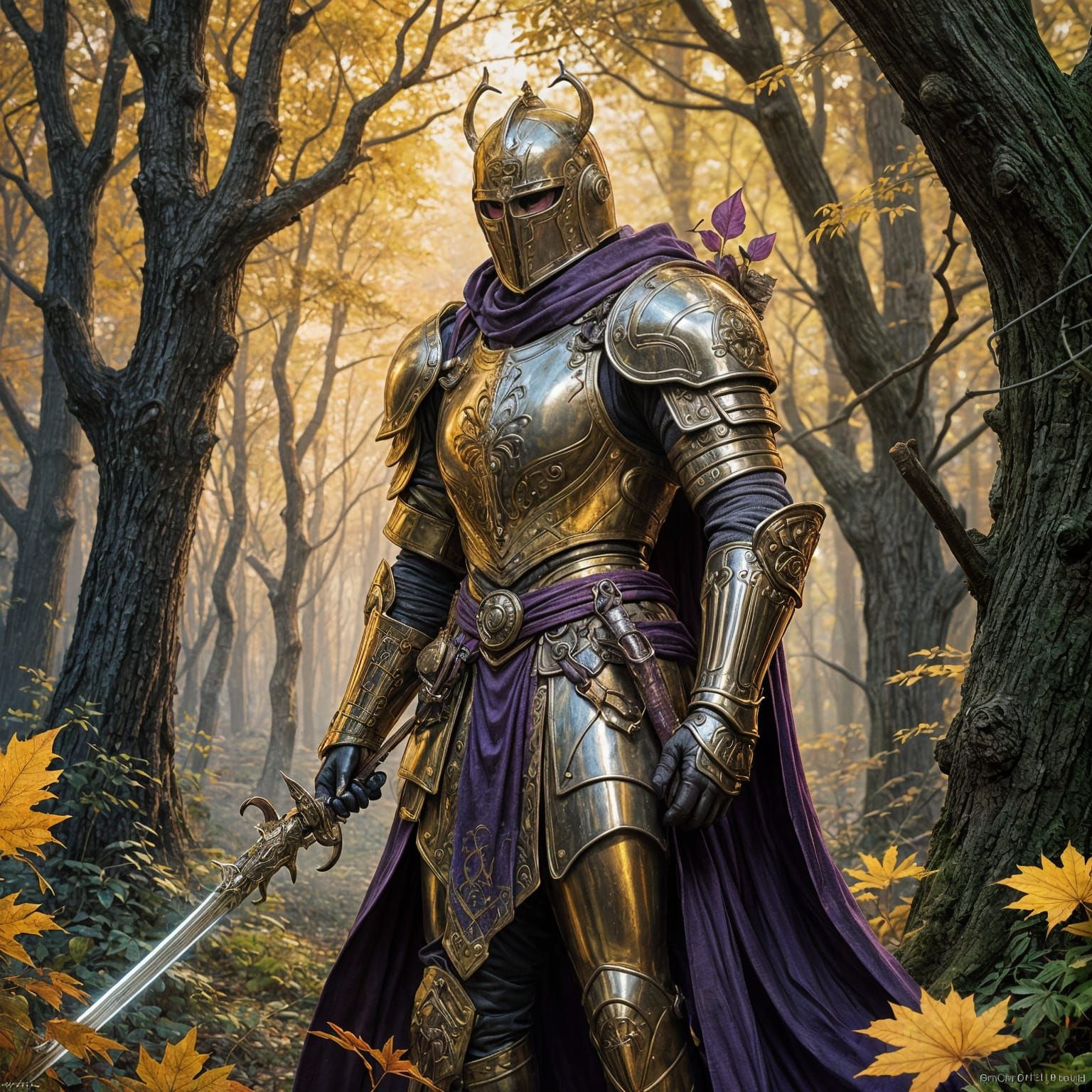 Ethereal Knight in Maple Forest, Surrounded by Spirit Guardi...