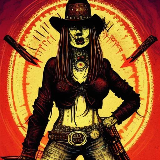 Cowgirl Assassin in Dark Spaghetti Western Horror Style