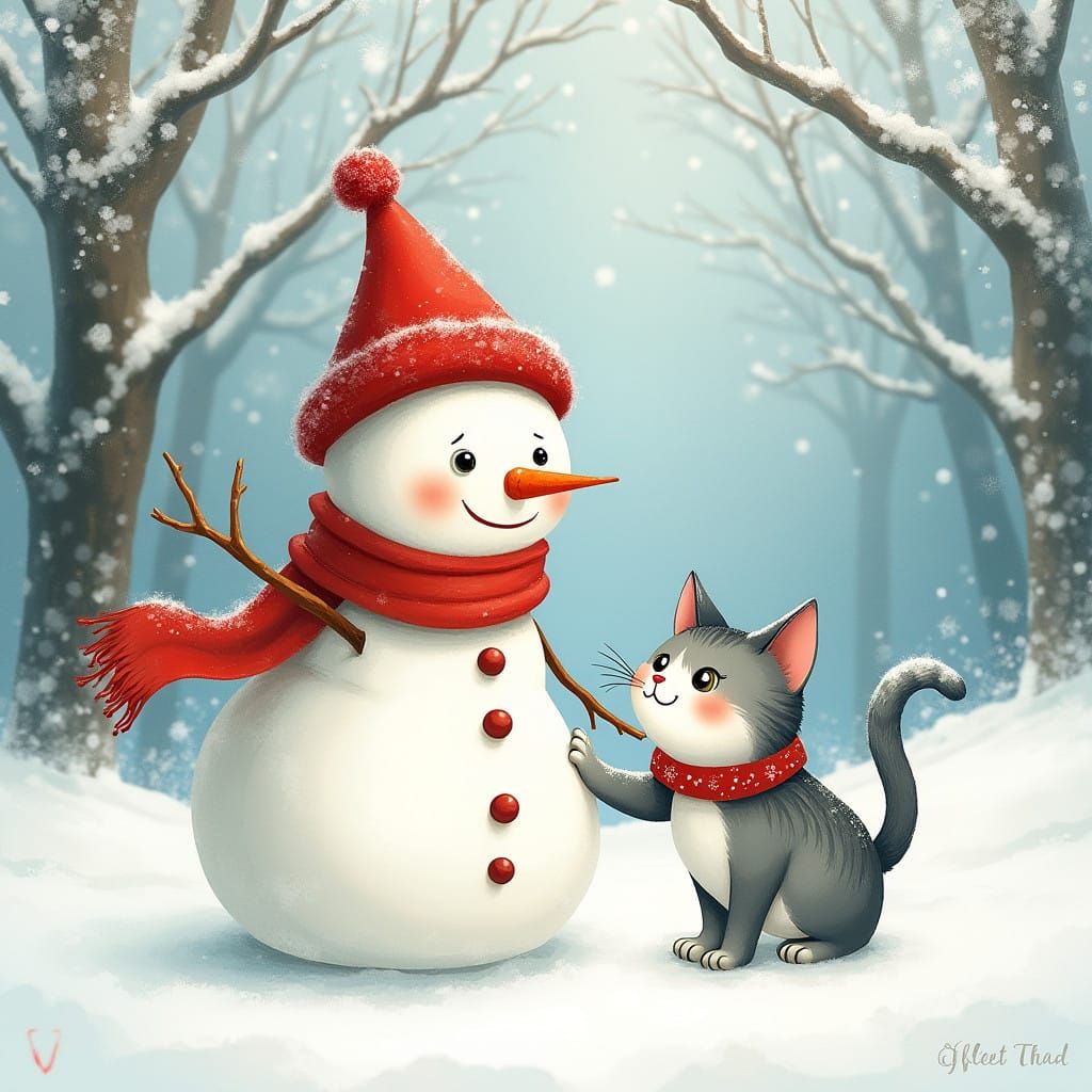 Whimsical Snowman Guides Curious Cat Through Winter Wonderla...