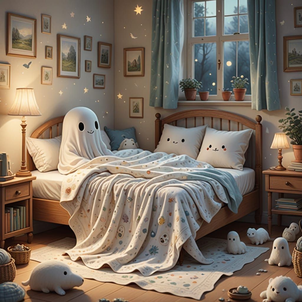 Whimsical Blanket Ghost in a Cozy Bedroom Scene