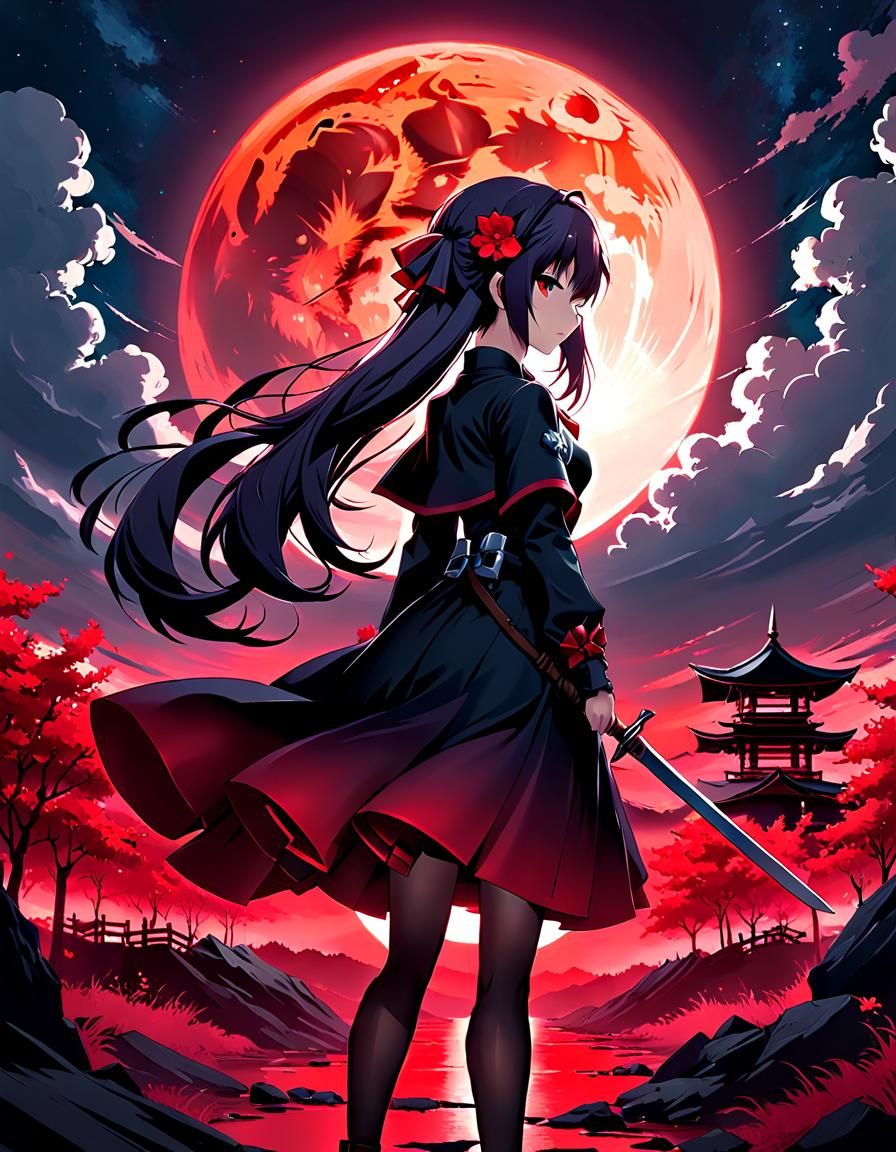 Dark Fantasy Red Moon Landscape in Anime Style