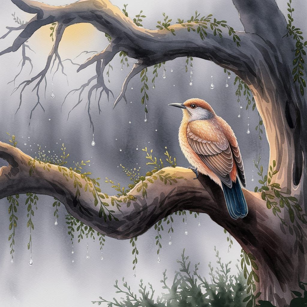 Cuckoo Bird on Oak Tree in Watercolor Painting
