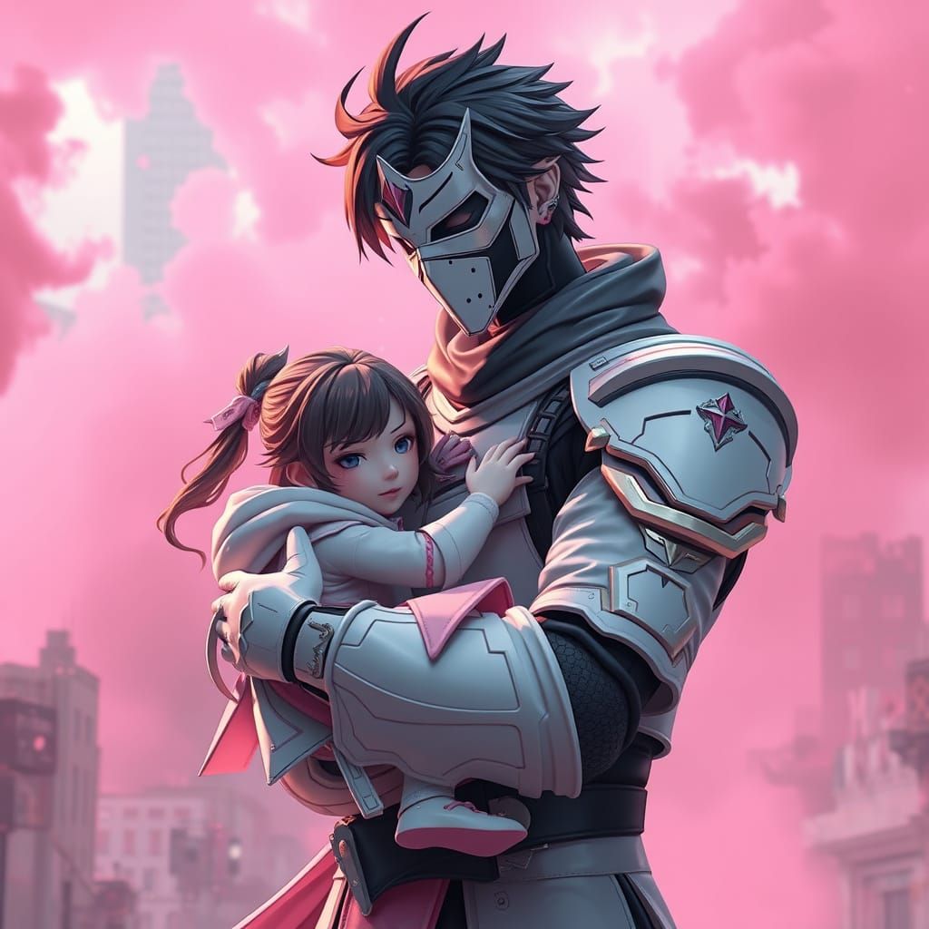 Brother and Sister Embrace Amidst Pink Smoke in War-Torn Cit...