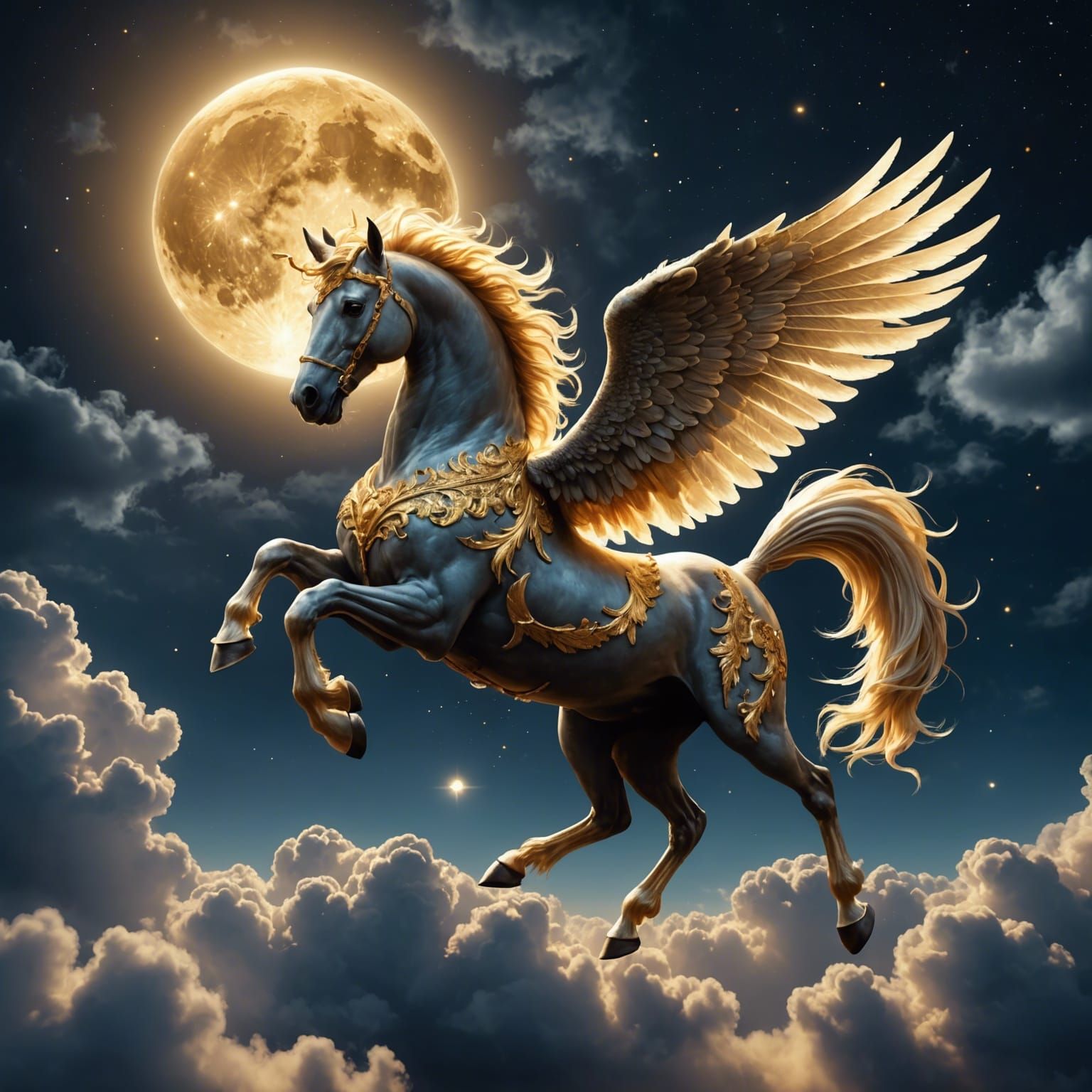 Elegant Pegasus Soaring Through Night Sky