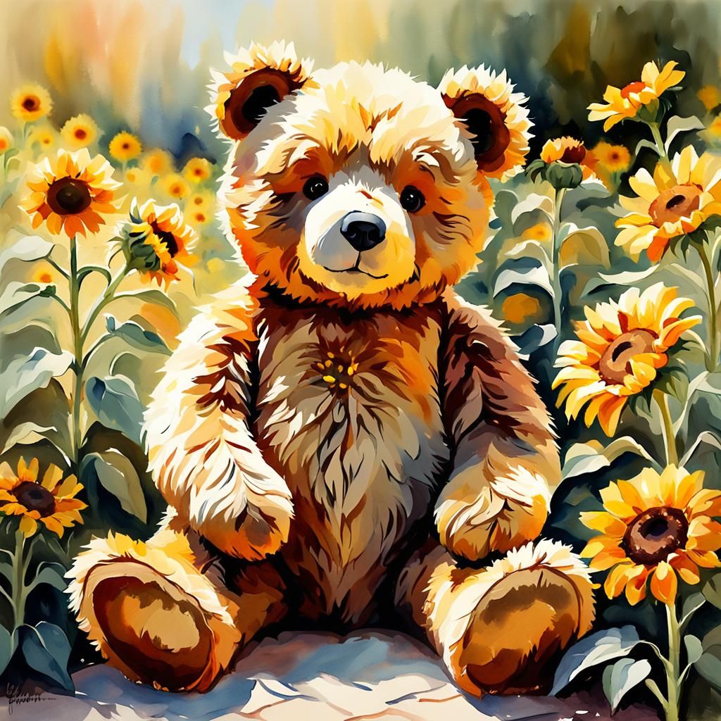 Teddy Bear Among Sunflowers: Impressionist Watercolor