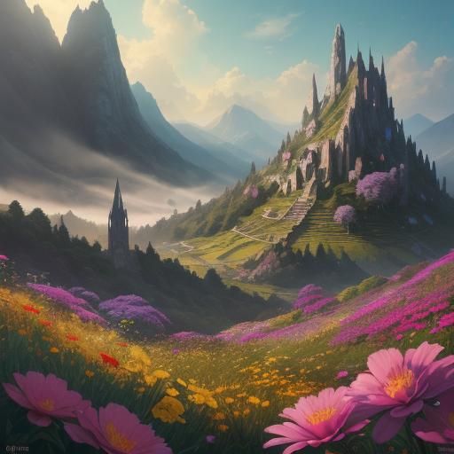 Lush Fantasy Garden with Colorful Flowers