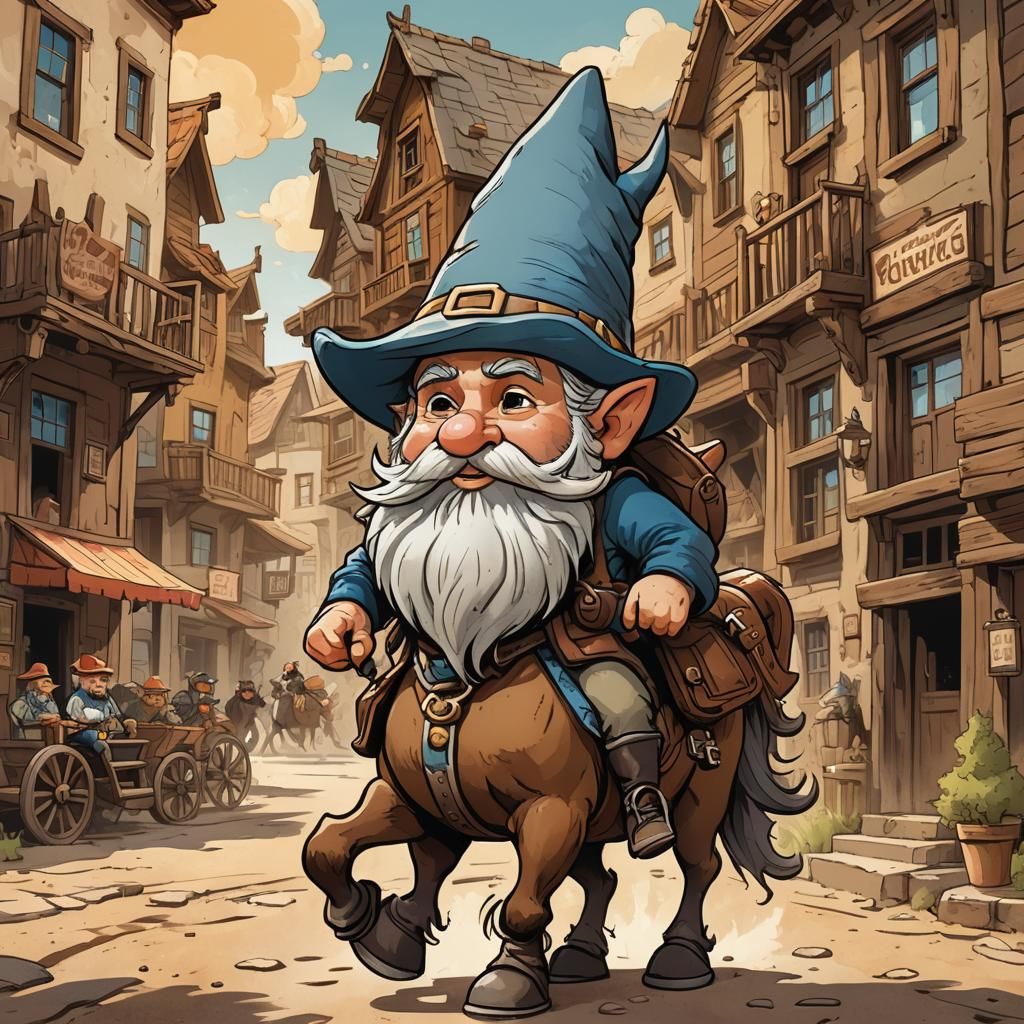 Chibi Gnome Rides Horse in Western Cartoon Art