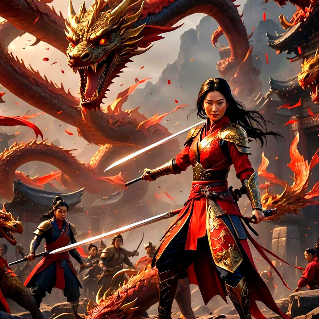 Mulan as Dragon-Themed Superhero in Detailed Painting