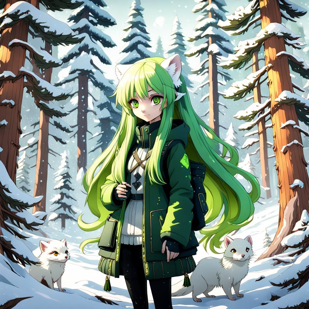 Anime Girl in Snowy Forest, Digital Art