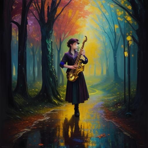 Fantastical Saxophone in Expressionist Oil Painting