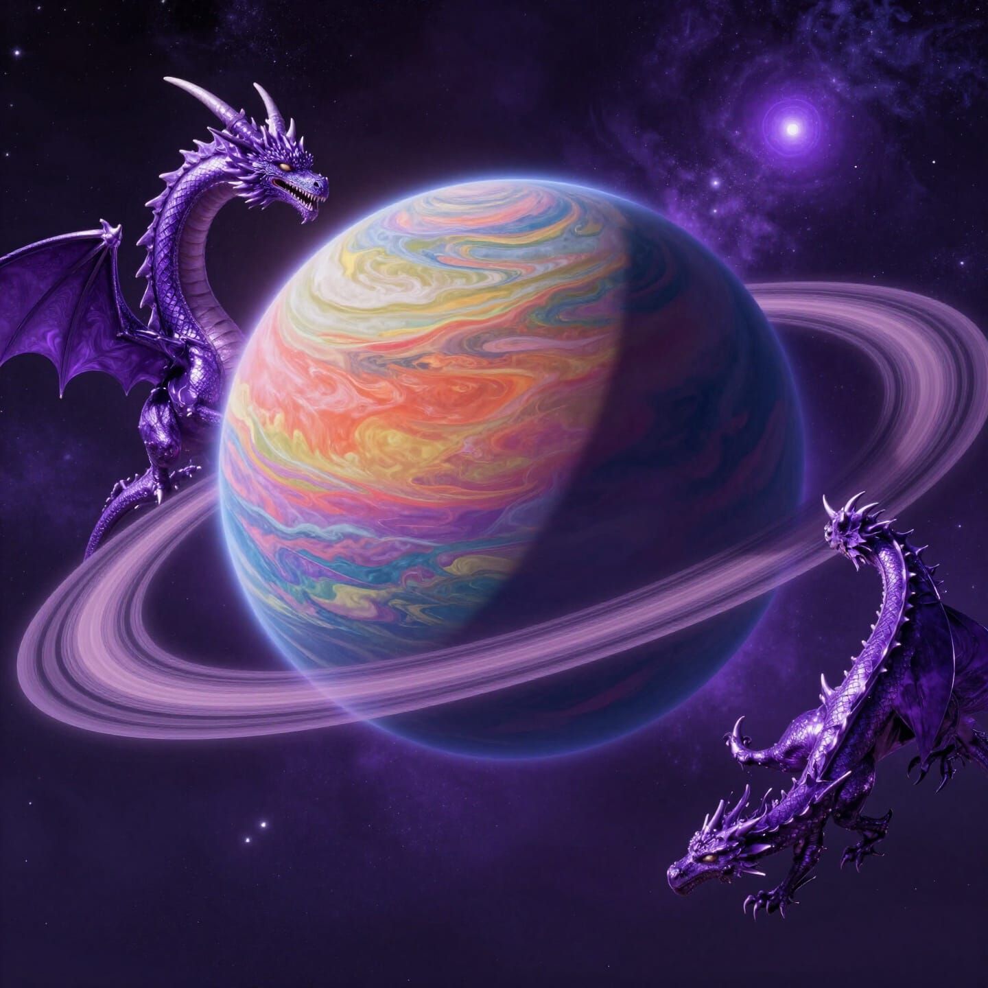 Cosmic Dragon Planet with Shimmering Rings