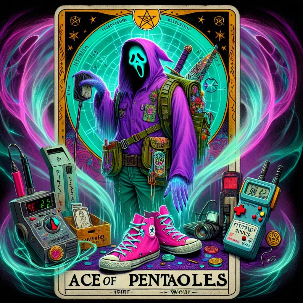 Vibrant Ace of Pentacles Tarot Card with Spectral Figure