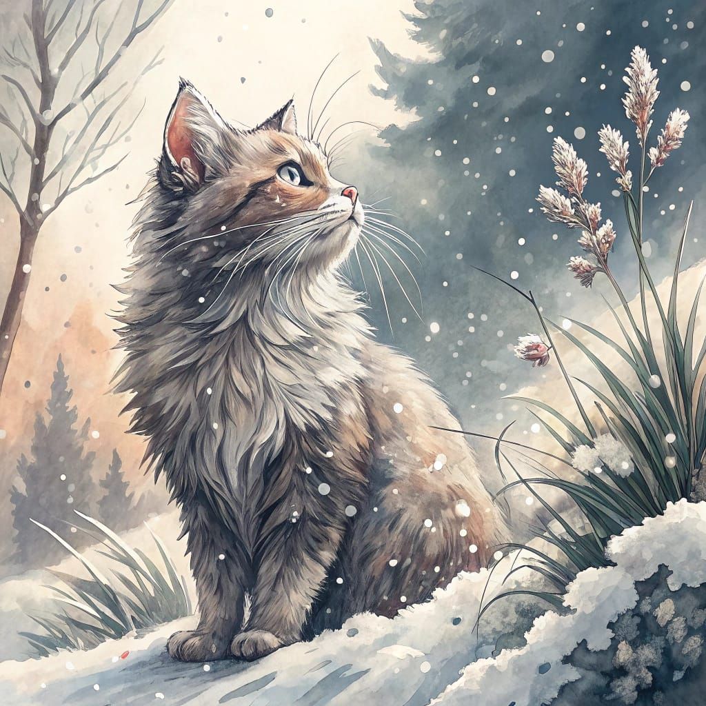 Whimsical Winter Cat in Flowing Brushstrokes
