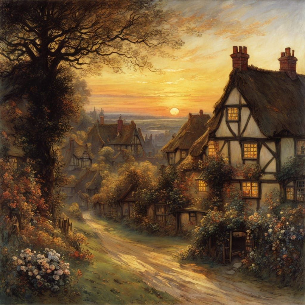 Fairytale Village Sunset Inspired by Rackham and Constable