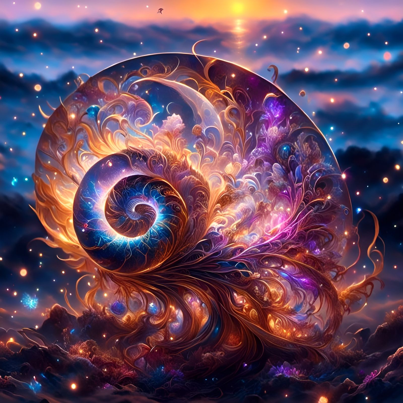 Enchanted Golden Conch on a Celestial Landscape