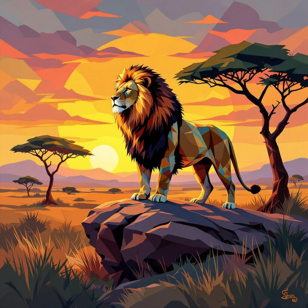 Geometric Lion Overlooking African Savanna in Cubist Style