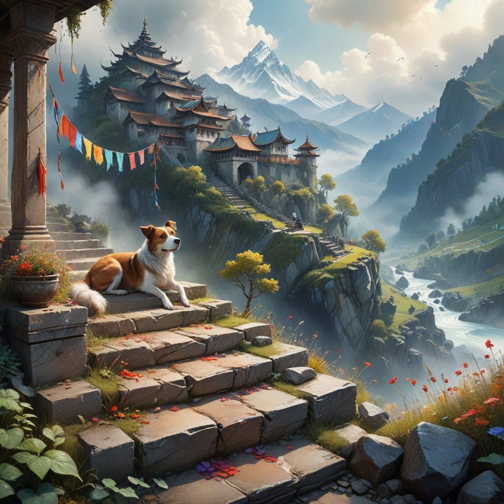 Himalayan Valley Scene in Watercolor Style