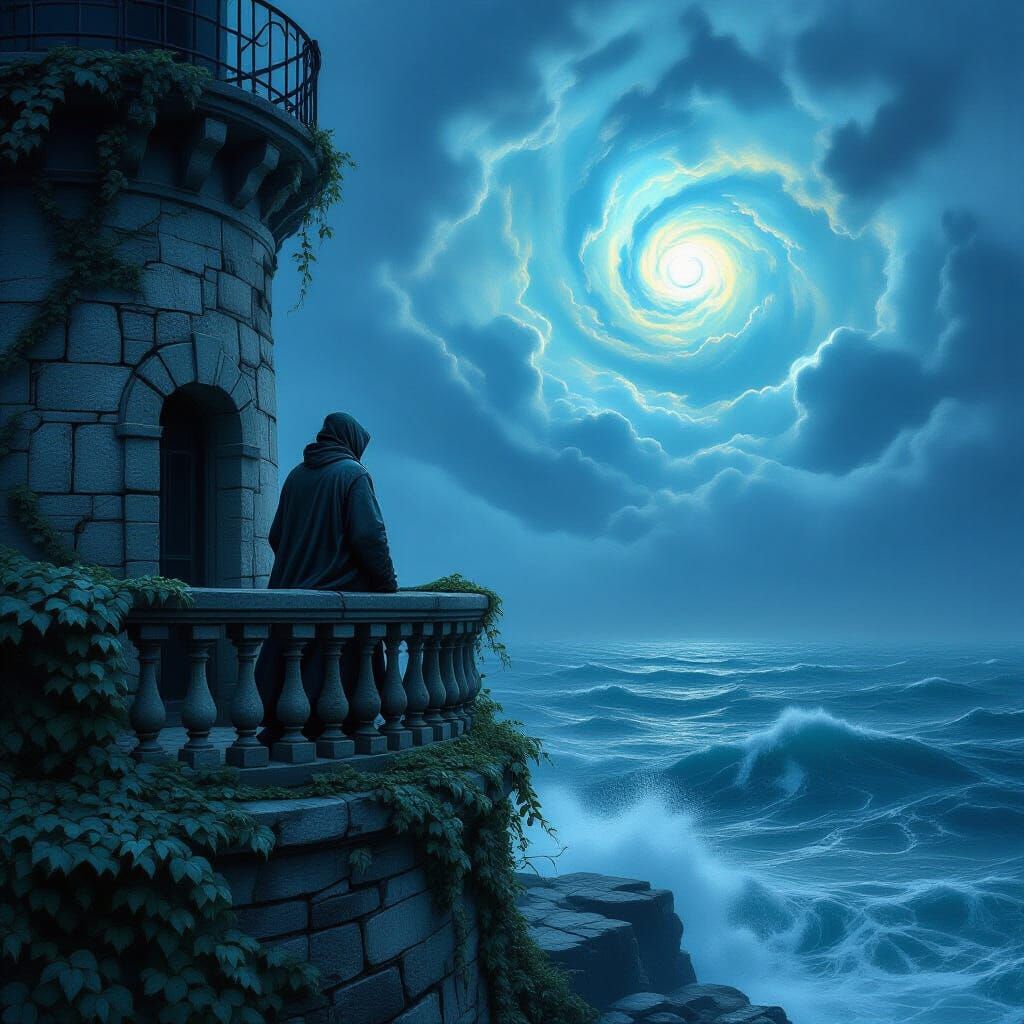 Lighthouse Keeper Gazes at Turbulent Sea in Dark Fantasy Sty...