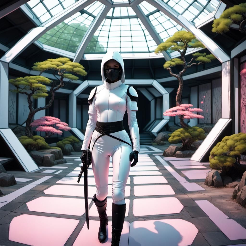 Cyberpunk Ninja Assassin in Neo-Classical Hallway