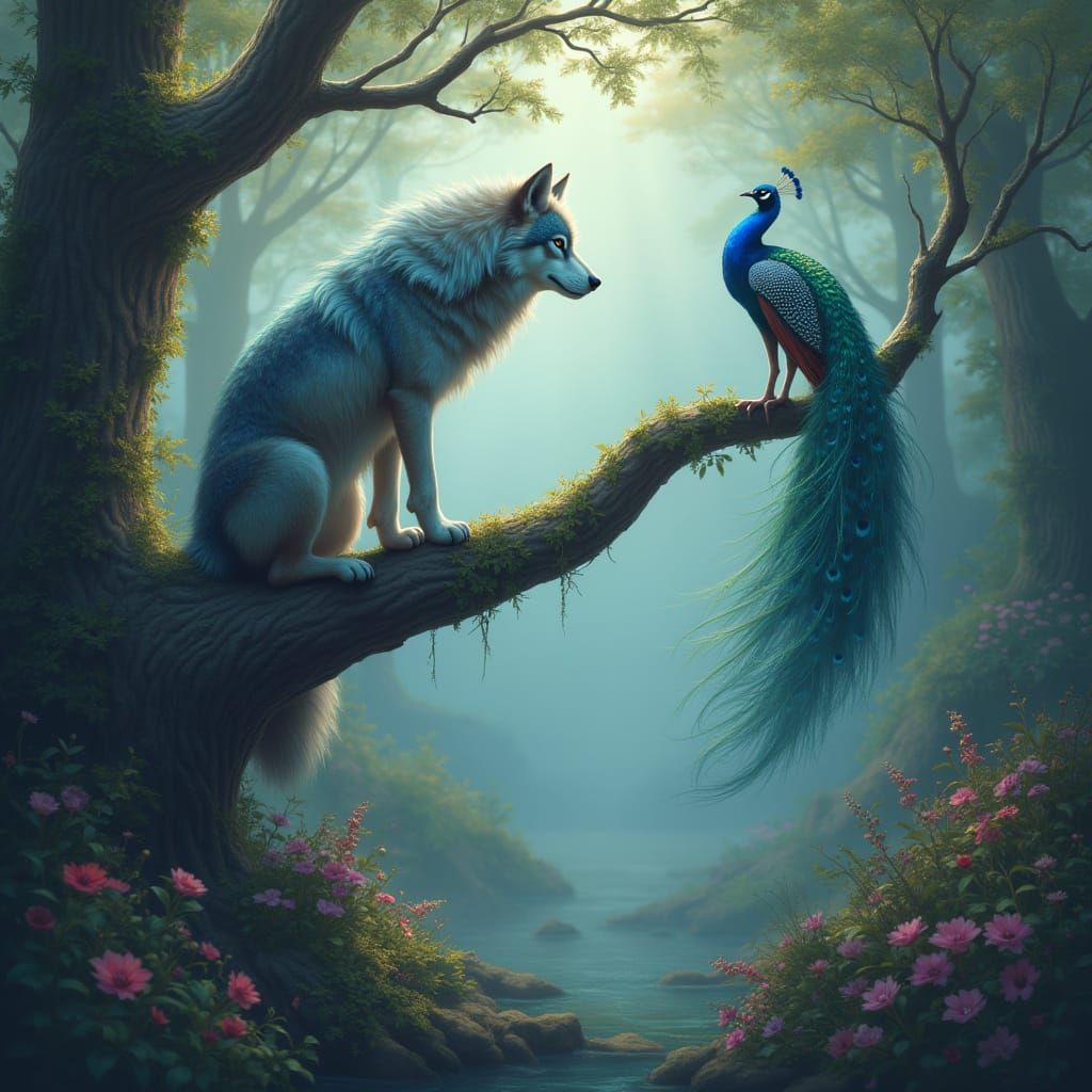 Mystical Wolf Contemplates Dreamlike Scene