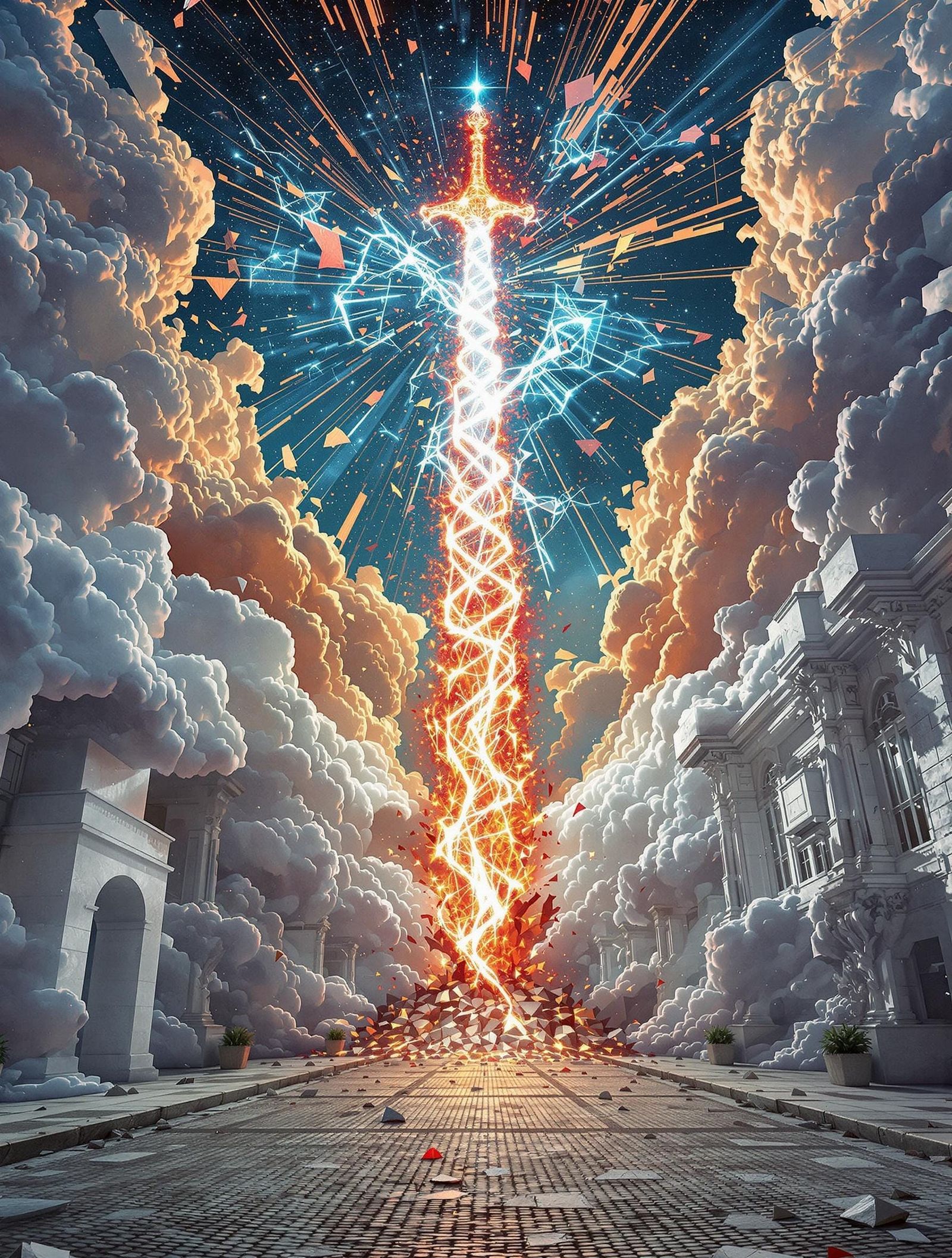 Cosmic Reckoning: Divine Blade in Holographic Projection