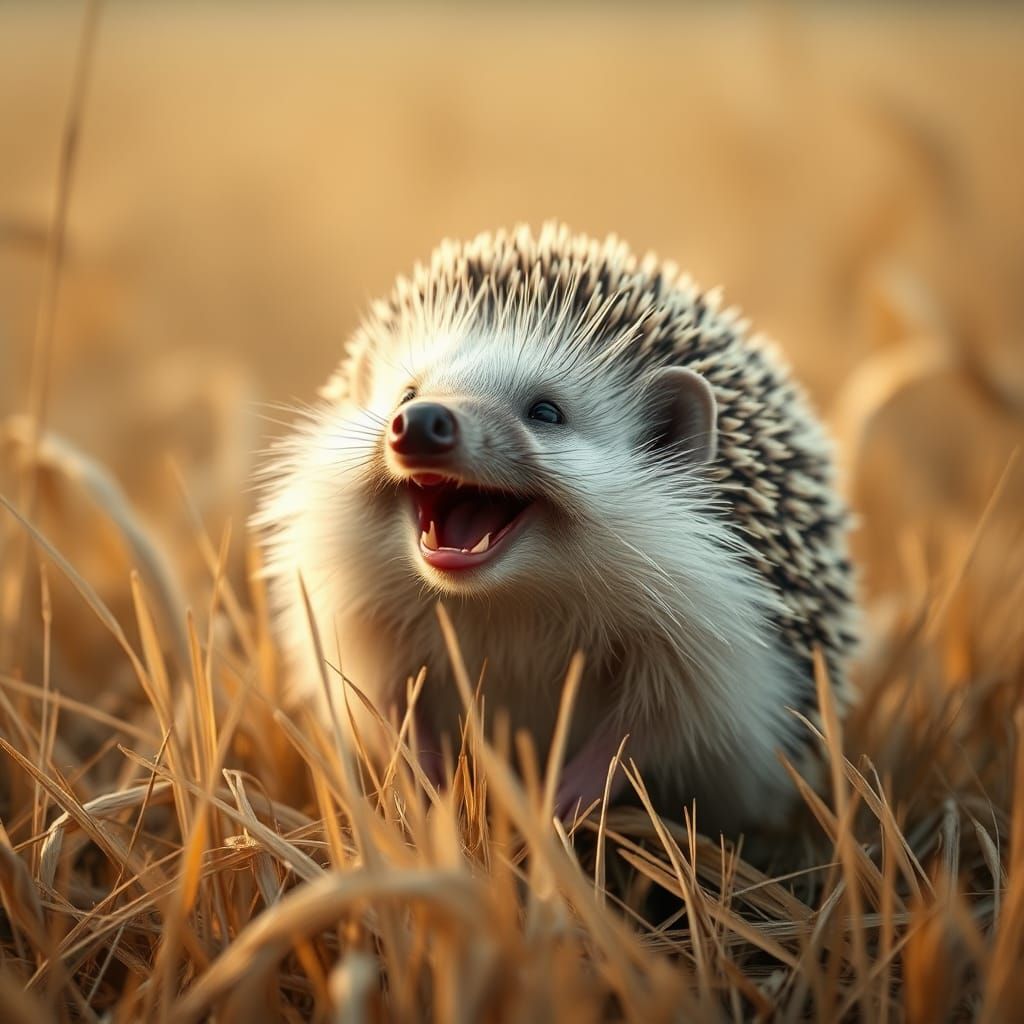 Pastel Hedgehog Laughing in Golden Grasslands
